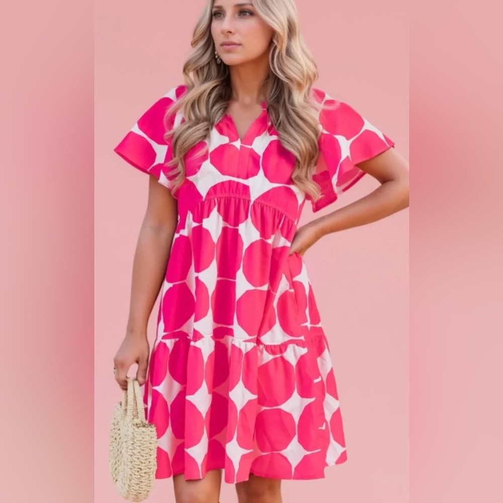 Umgee Pink Polka Dot Flutter Sleeve Notched Tiered Flowy Dress Size m - Picture 1 of 6